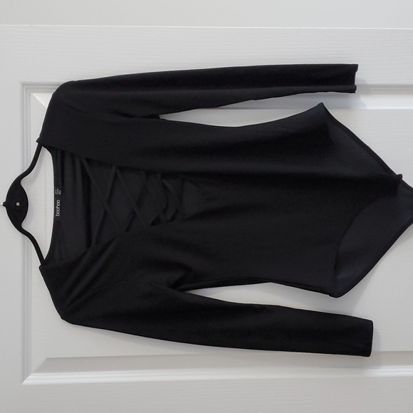SEXY DEEP V CROSS LINK LONG SLEEVE BODYSUIT - Picture 1 of 2